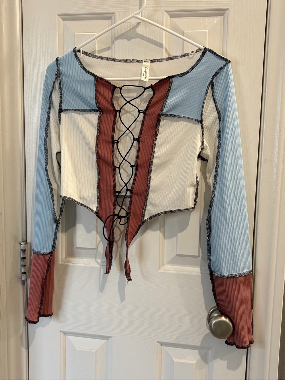 Colorblock Lace-Up Long Sleeve Crop Top - Blue, White & Rust